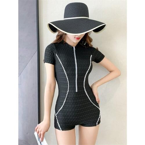 Short Sleeve One Piece Swimsuit Women Zipper Rash Guard Solid Black Swimwear High Neck Open Back Bathing Suit Pads Surfing Suit