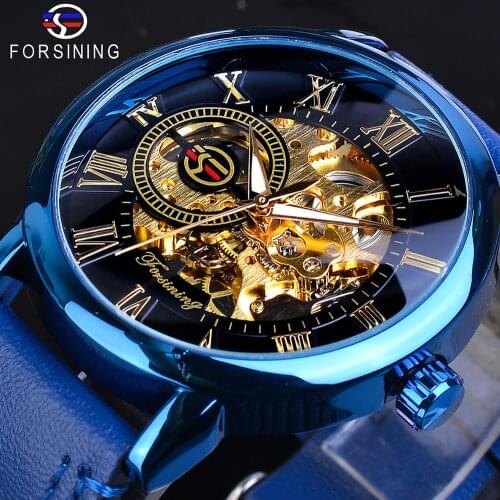 Forsining Transparent Blue Men Mechanical Watch Ultra Thin Analog Hand Wind Genuine Leather Strap Sport Casual Male Reloj Hombre