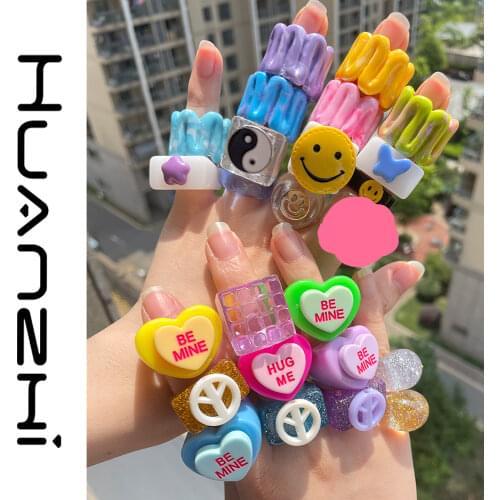 HZ 2021 New Korean Smiley Face Yin Yang Colorful Clear Geometry Square Heart Letter Resin Acrylic Rings for Women Jewelry