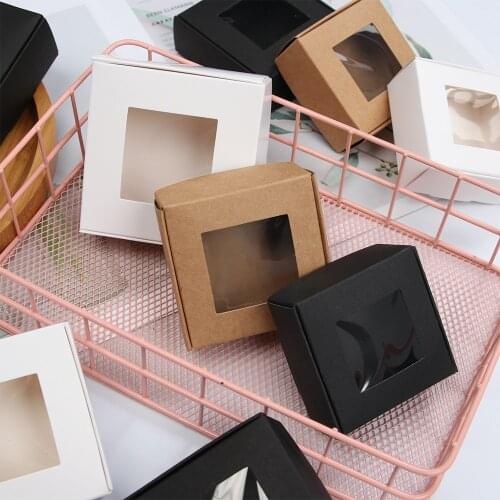 10Pcs Kraft Paper Box Brown/Black/White Cardboard Handmade Transparent PVC Window Soap Boxes Craft Paper Wedding Candy Box 2021