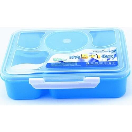 Reusable Plastic 5-Compartment Bento Lunch Box Divided Food Storage With Sealed Soup Bowl and Spoon