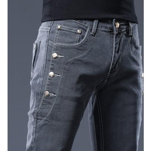 2020 Teenagers Pocket Decoration Fashion Jeans Mens Cultivate Ones Morality and Feet Grey Denim Trousers