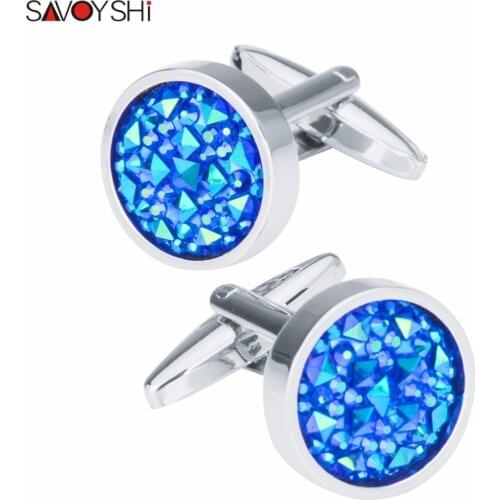 SAVOYSHI Fashion Blue Crystal Cufflinks For Mens Shirt Accessories High Quality Brand Round Cuff Buttons Wedding Gift Jewelry