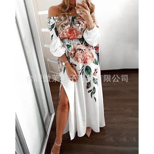 New womens dress full of flowers one-shoulder long-sleeved split long skirt