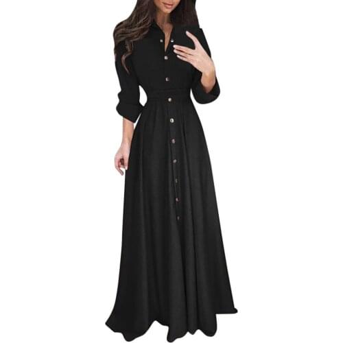 Turn-down Collar Solid Maxi Dresses Full Sleeve Button Floor-length Dress Female A-line Elegant Платье Летнее Женское 2021
