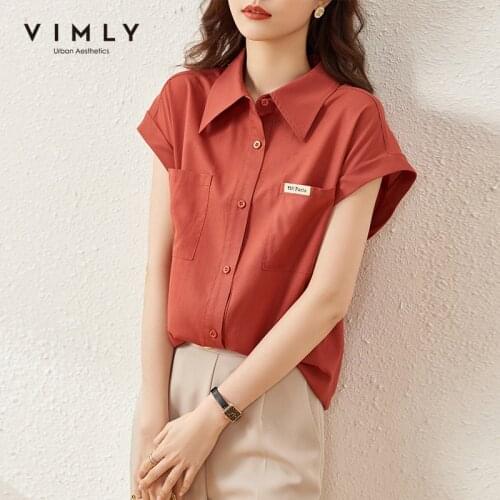 VIMLY New Summer Button up Shirt Elegant Turn Down Collar Short Sleeve Women Shirts Pockets Vintage Blouse Female Tops F7507