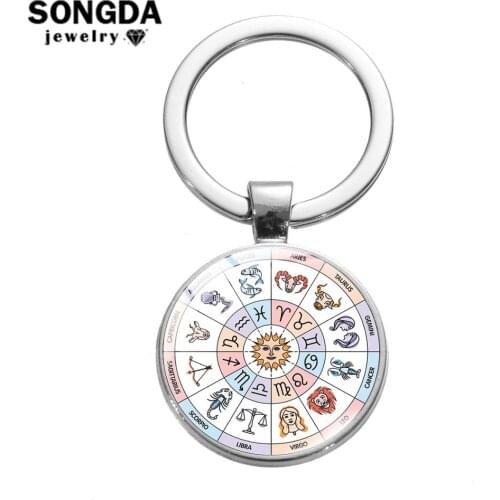 SONGDA 12 Constellation Astrology Keychain Zodiac Signs Aries Leo Taurus Transparent Art Photo Glass Cabochon Pendants Key Chain