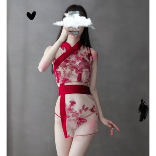 Japanese Kimono Babydoll Traditional Cheongsam Costumes Sexy Lingerie Embroidered Mesh Temptation Qipao Dress Dropshipping