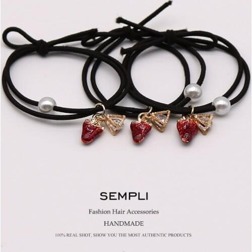 Sempli Elastic Crystal Strawberry Pearl For Women Hair Band Kid Children Rubber Band High Elasticity Hair Accessories