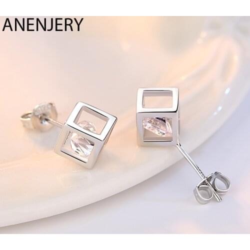 ANENJERY 925 Sterling Silver Simple Zircon Squre Cube Earrings For Women Girl Gift S-E905