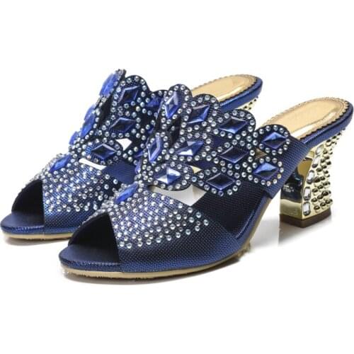 Womens Slippers Thick High Heel Slippers Horse Shoes Heel Rhinestones Hollow Large Size 8cm High Heel Peep-toe Slippers