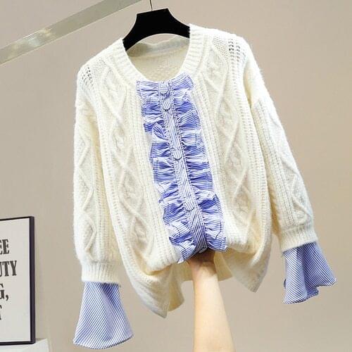 Striped Bell Sleeve Sweater Women Single-Breasted Twist Knitted Cardigan Coat Female Knitwear Loose Top