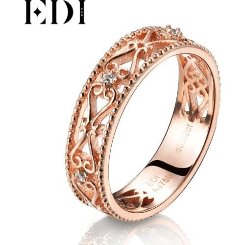 EDI Genuine Real 14k Rose Gold Bands Natural Diamond 0.02cttw Round Cut Wedding Rings For Women Flower Design Fine Jewelry Gifts