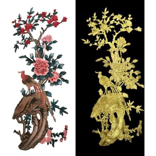 1Pcs 73*31cm Large gold line embroidery phoenix bird patches high-grade cheongsam hand sew peacock flower bird applique AC746