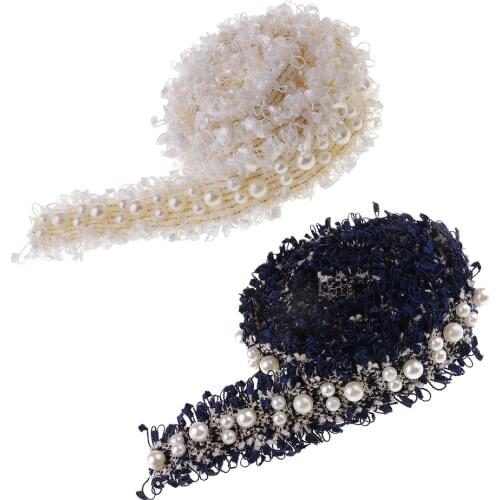 2pcs/1 Yards Handmade Pearl Beaded Embroidery Ribbon Lace Trim Embellishment for Wedding Party Christmas 3cm