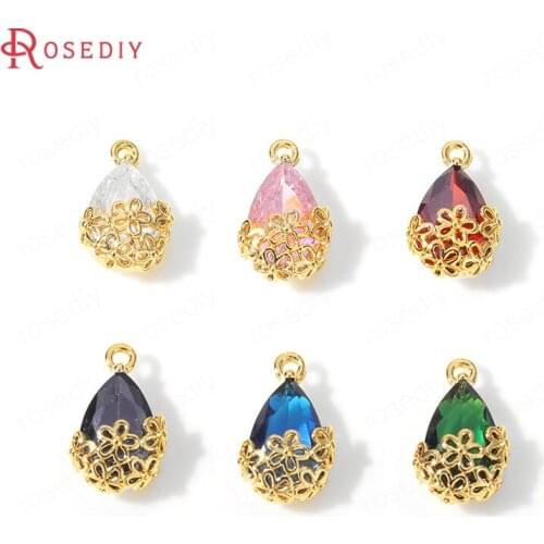35652)6PCS 10x16MM 24K Gold Color Brass and Zircon with Flower Drop Shape Charms Pendants High Quality Diy Jewelry Accessories