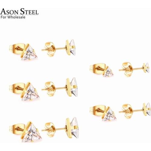 ASONSTEEL Size 3mm-7mm Trendy 5Pairs/lot Triangle Cubic Zirconia Earring Stainless Steel Anti-allergy Earring for Women Jewelry