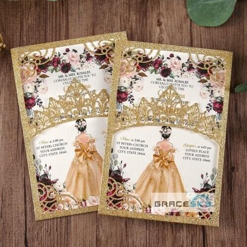 50pcs free shipping Laser cut Glitter Crown European wedding invitations Cards,customized card for wedding invitations rsvp