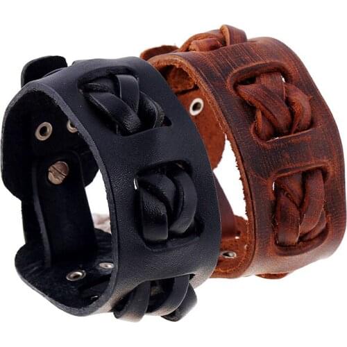 Pulsera Hombre Briaded Genuine Leather Cuff Bangle Strap Bracelet Punk Men Jewelry Black Brown Color