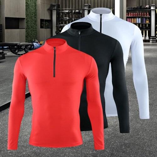 Quick Dry T Shirt Training Men Long-Sleeve Tights Fitness Gym Zipper Collar Running T-Shirt Muscle Shirts Men Polyester T-Shirt