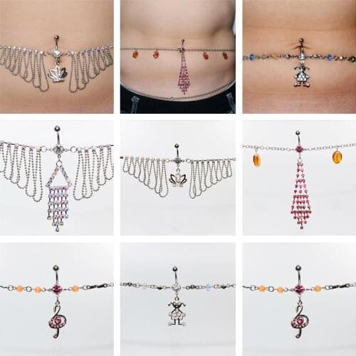 1Set Surgical Steel CZ gem Belly Chain Navel Bell Button Rings Navel Piercing Woman Sexy Dangling Body Piercing Jewelry As Gift