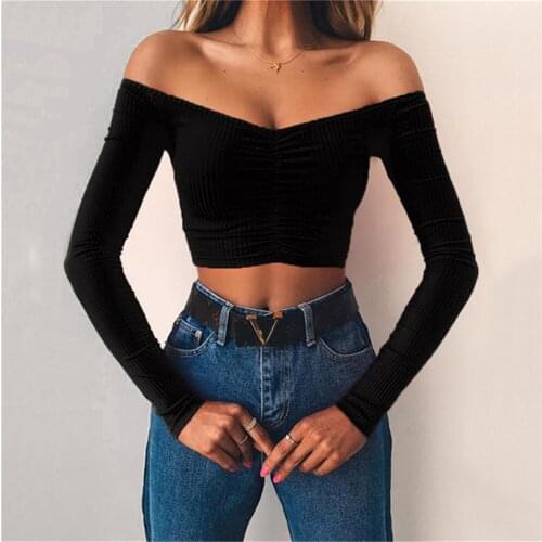 Women Long Sleeve T-shirt Summer Fashion Casual Sexy Crop Top Solid Pullover Tunic Slim Slash Neck Jersey Streetwear Basic Top