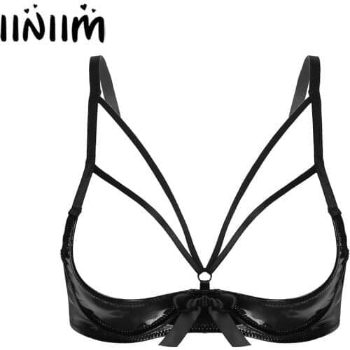 Iiniim Womens Exotic Bra Tops Open Cup Crop Top Leather Bowknot Underwired Adjustable Strap Brassiere Sissy Lingerie Nightwear