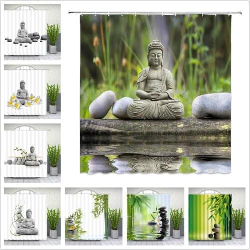 Chinese Buddha Shower Curtains Flowers Green leaf Plant Landscape Bathroom Decor Waterproof Polyester Cloth Hanging Curtain Set