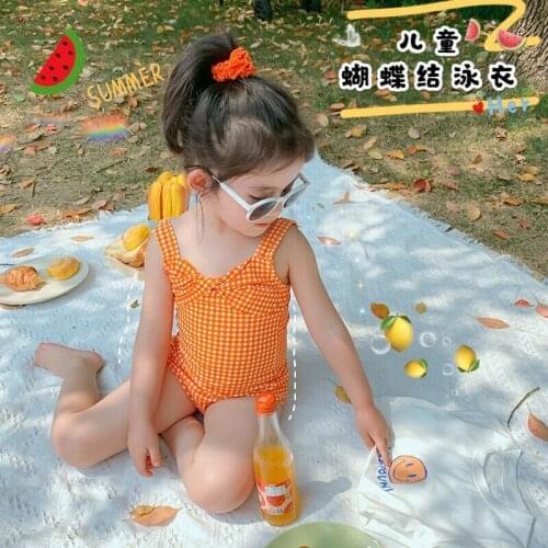 Summer Korea Orange Grid Baby Girls Bikini Swimwear Children Toddler Baby Girls Hawaii Beach Backless Lovely Swimming Clothes