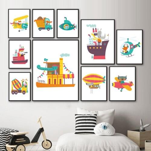 Cartoon Car Ship Airplane Drive Lion Giraffe Zebra Nursery Wall Art Print Canvas Painting Nordic Posters Picture Baby Room Decor