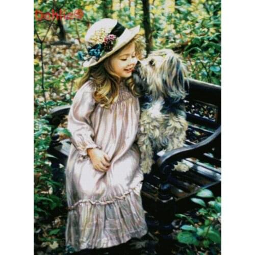 Cute child Girl and dog Handmade Needlework Embroidery DIY Aida Cross Stitch Kits Crafts 14CT Unprinted Home decor wall Arts