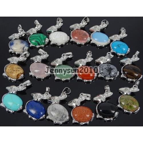 Natural Gems Stone Reiki Chakra Rabbit Healing Pendant Charm Beads Silver Plated Healing Jewelry Design 10Pcs/Pack