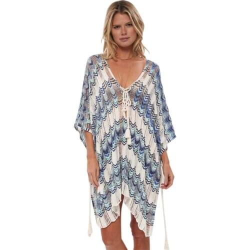 2019 New Sexy swimsuit Cover Up Beach Dress Women Hollow Color Matching Knitting Mesh Bikini Cover Up Women Beach Skirt Tunic Ro