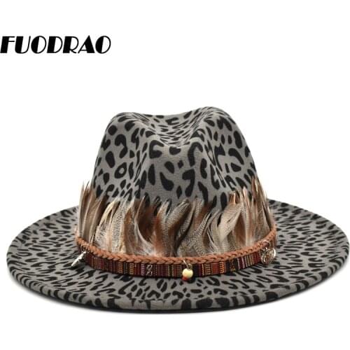 FUODRAO New Fashion Leopard Print Fedoras Women Wide Brim Fedora Hats Wool Autumn Winter Jazz Caps Vintage Men Cowboy Hat F10