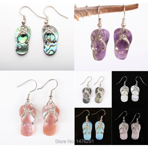 Charm Natural Colorful Abalone shell And Crystal Stone Slippers Shape Dangle Hook Silver Plated Earring 1pair