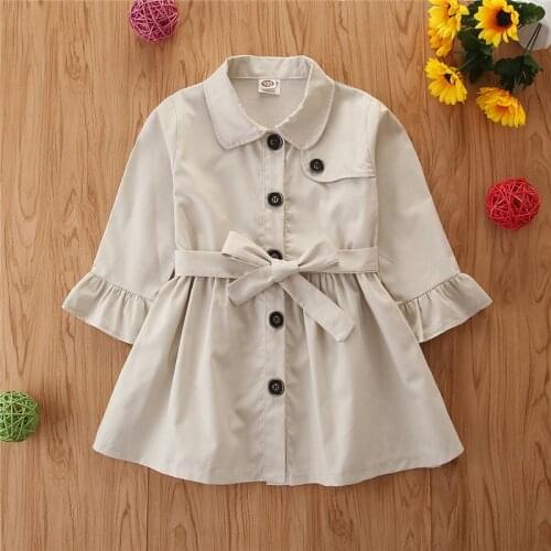 Autumn Little Girls Solid Color Trench Coat Girl Fashion British Style Single-breasted Lapel Belt Long-sleeve Coat