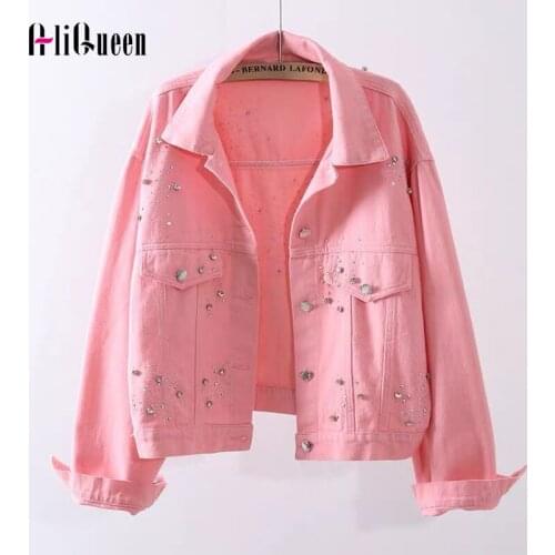 Autumn Diamonds Denim Jacket Women Pink Black Outerwear Loose White Short Jeans Jacket Coat Female Chaquetas Mujer Crop Tops