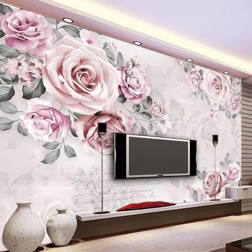 Custom Self-Adhesive Mural Wallpaper 3D Hand Painted Pink Rose Fresco Bedroom Wedding House Romantic Waterproof 3D Wall Stickers