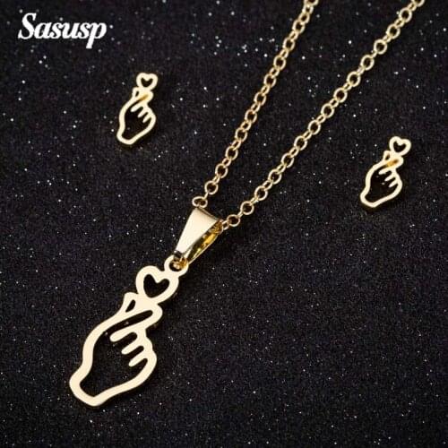 Sasusp Fashion gesture Sets Stainless Steel Heart Stud Earrings Long Chain Necklace Set For Women Birthday Gift