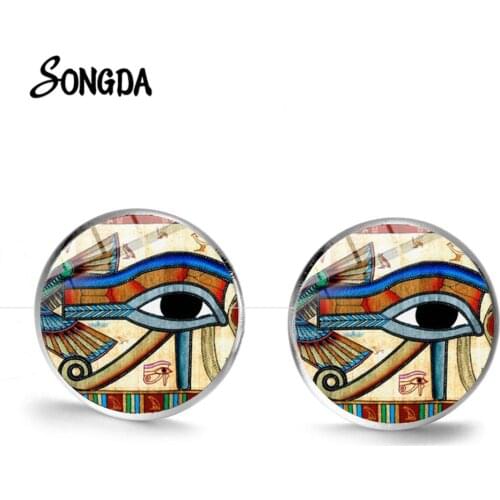 Vintage Eye of Horus Stud Earrings 2019 Egyptian Ankh Anubis Third Eye Pattern Glass Dome Delicate Earring for Men Women