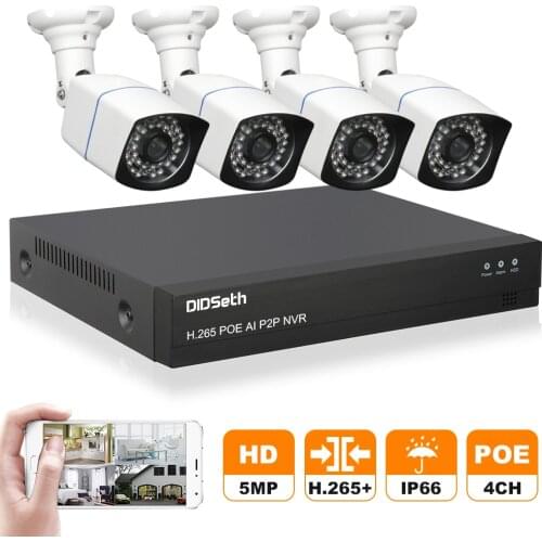 DIDSeth H.265 4CH 5MP POE Security Camera System Kit 4pcs AI IP Camera Outdoor Waterproof CCTV Video Surveillance NVR Set