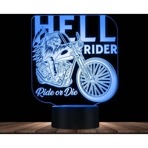 Hell Rider Color Changing LED Light Ride Or Die Motorcycle Aficionado 3D Visual Decorative Night Lamp Garage Unique Desk Decor