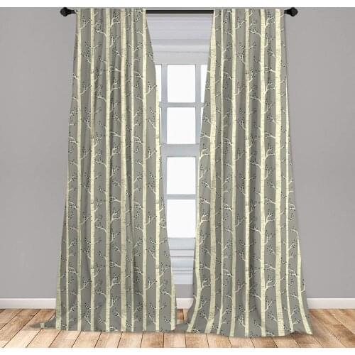 Warm Taupe Grey Curtains Birch Tree Branches Vintage Bohemian Contemporary Window Treatment Living Room Bedroom Decor