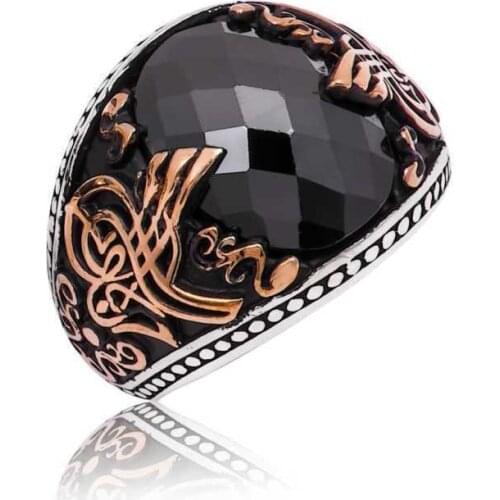 Tevuli 925 Sterling Silver Black Cz Tuğralı Male Ring