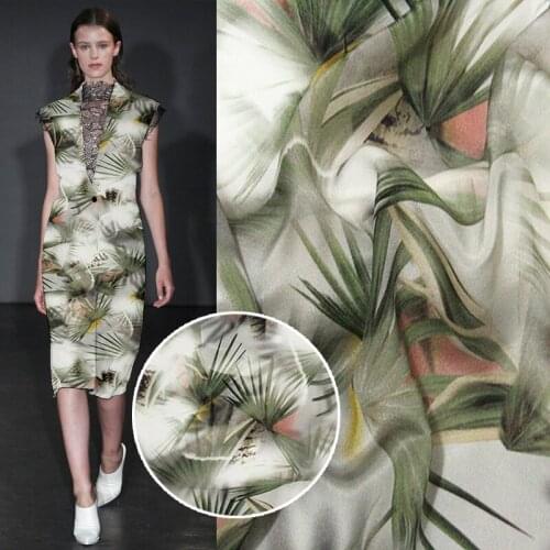 Green plant mulberry silk crepe DE chine cotton and linen fabrics print fabric for skirt dress 50*140cm
