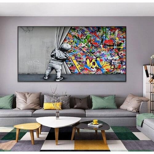Street Graffiti Art The Child Opened The Curtains Inkjet Living Room Home Decoration Wall Art Picture Canvas Painting Home Decor