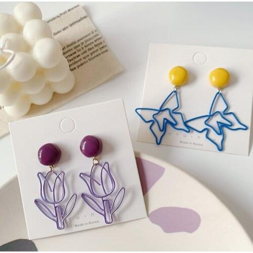 Vintage Dangle Earrings For Women Purple Tulip Flower Earrings Hollow Butterfly Metal ear Jewelry