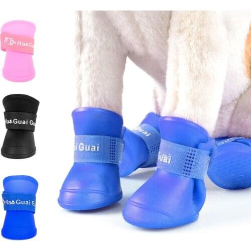 4 pieces/set of waterproof pet dog shoes blue/black/pink rubber rain boots shoes for small cats and cats Chihuahua/Poodle S/M/L