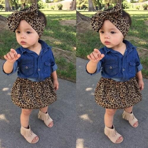 Pudcoco 3PC Toddler Infantil Baby Girls Dress Fashion Denim Shirt Leopard Skirt Headband Kids Clothes Set