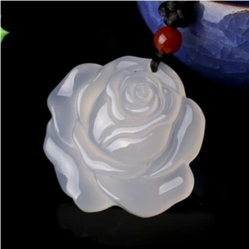 Natural Ice White Chalcedony Pendant Rose Flower Pendant Necklace Sweater Chain Women Fashion Stone Jewelry Free Rope